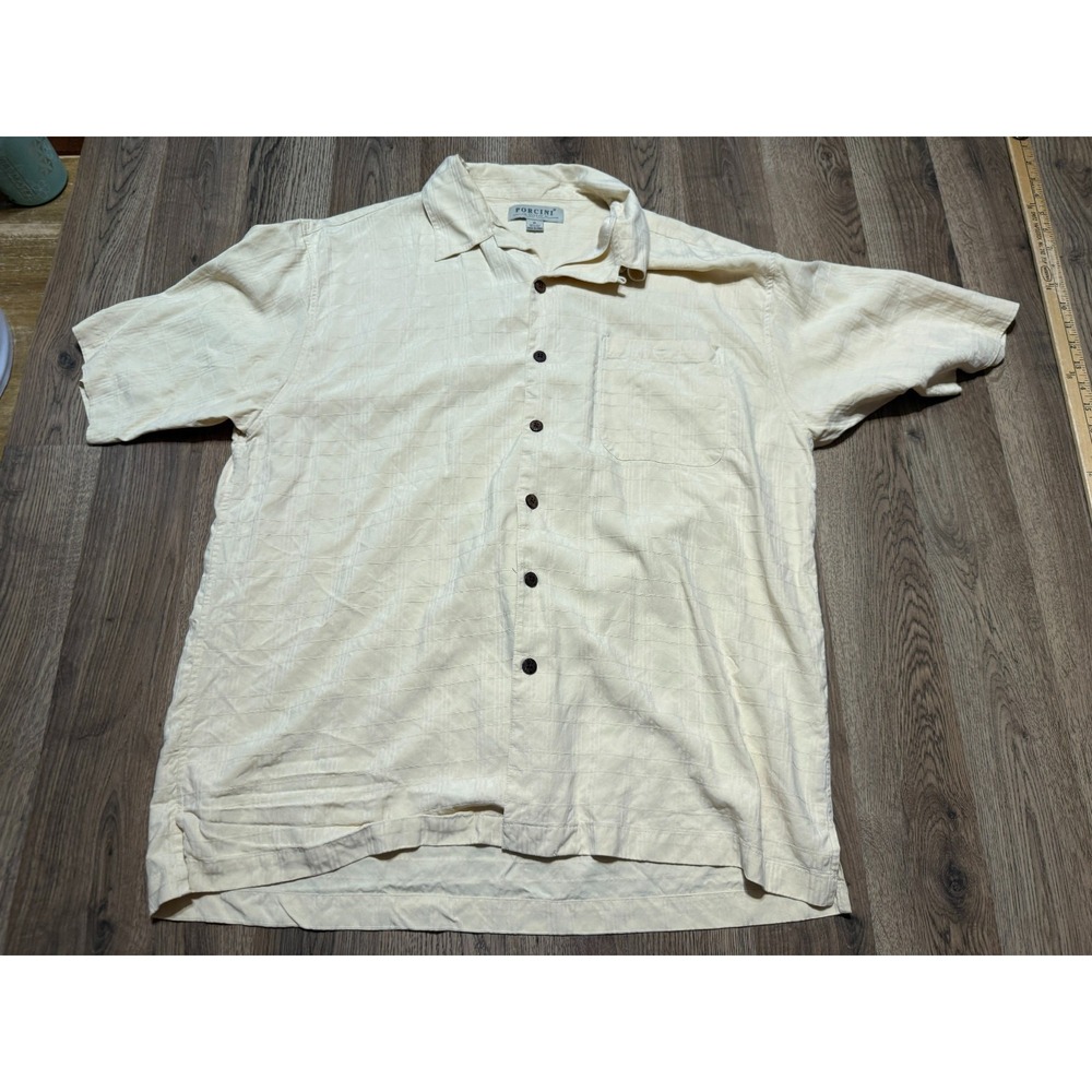 Porcini Shirt, Men's Size XL, Yellow, Long Sleeve, Button Up, 100% Silk